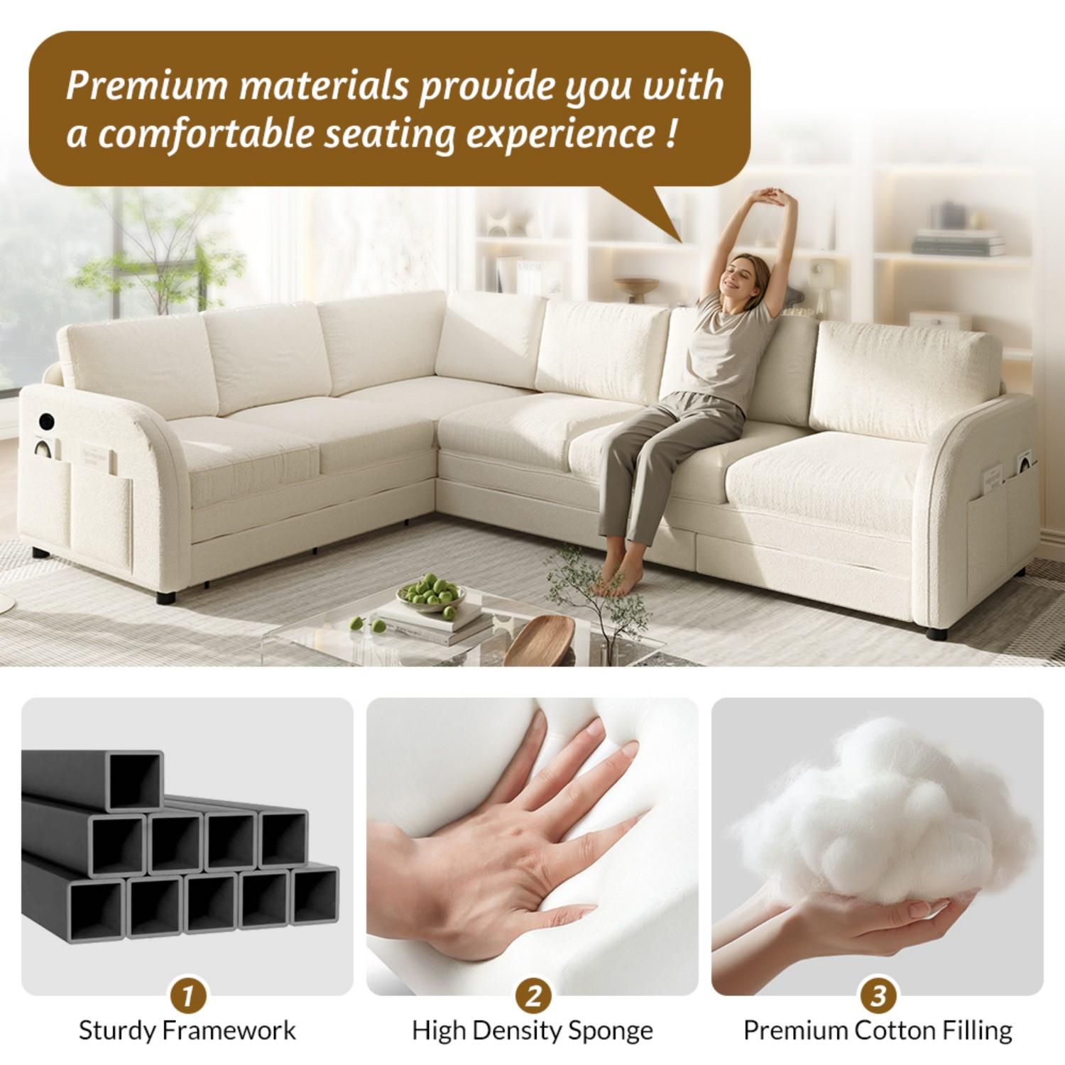 【3 Packages shipping】115.2" 6 Seat L-Shape Modular Couch with Pull-Out Bed,Oversize Convertible Sleeper Sofa with side Pocket & USB Port,Teddy Upholstered Sectional Couches,Convertible Sofa Lounge bed,For Apartment,Office,living room furniture