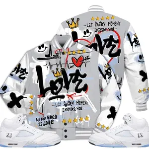 Retro White Metallic 5s Outfits Varsity Jacket, Happy Love Beats Graffiti Outfits Streetwear Unisex Sneaker Matching Shirts