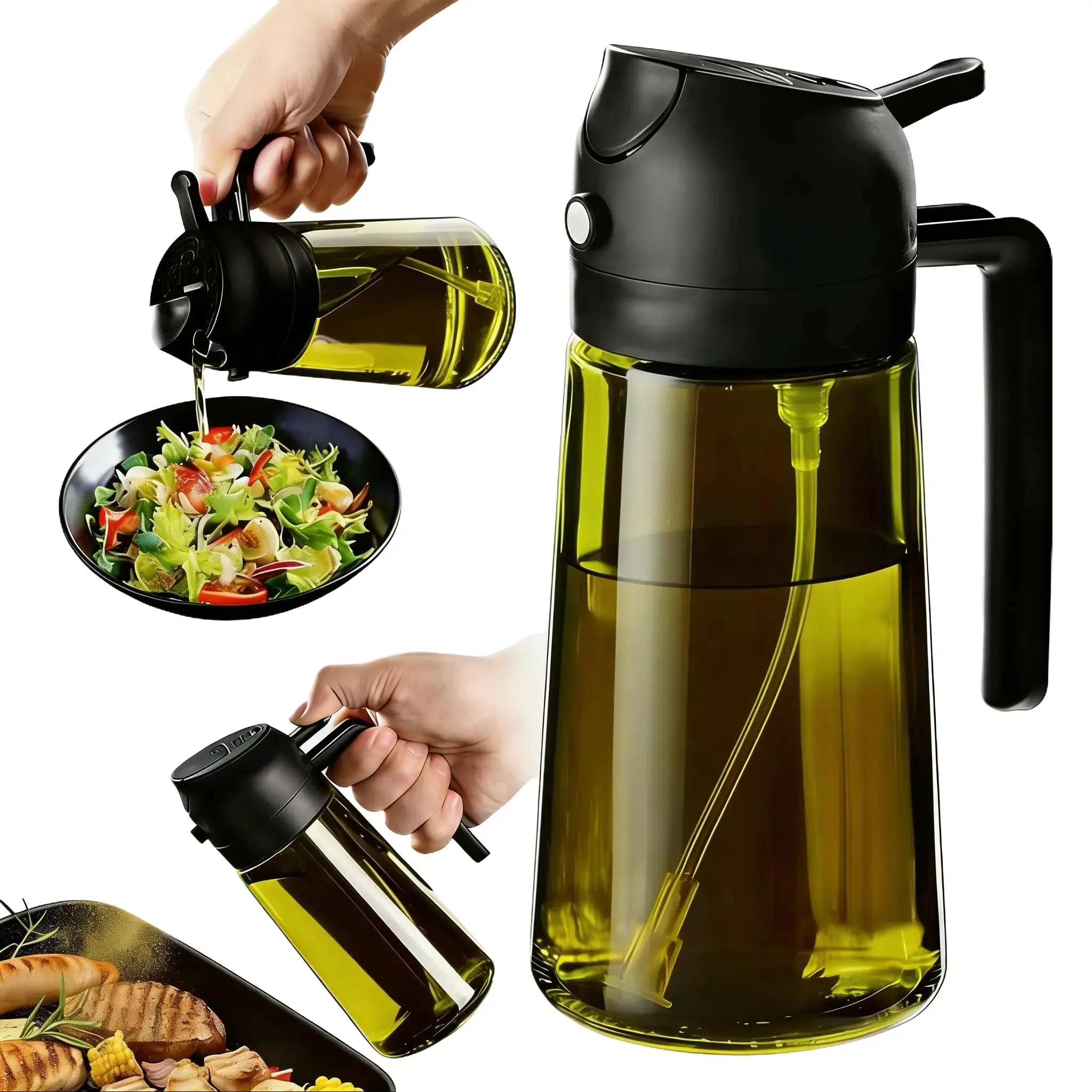 2-in-1 Oil Sprayer and Dispenser Bottle, Premium Glass Cooking Spray and Pour Olive Oil Bottle, Leakproof Oil Dispenser for Air Fryer, Kitchen Essential Utensils for Cooking Salads and Grilling