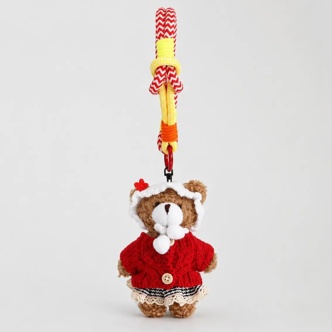 Teddy Huggy 5.9-Inch Red Cardigan Teddy Bear Plush Keychain - Knit Hood, Wristlet Strap, Bag Charm, Phone Charm, Luggage & Bag Accessory