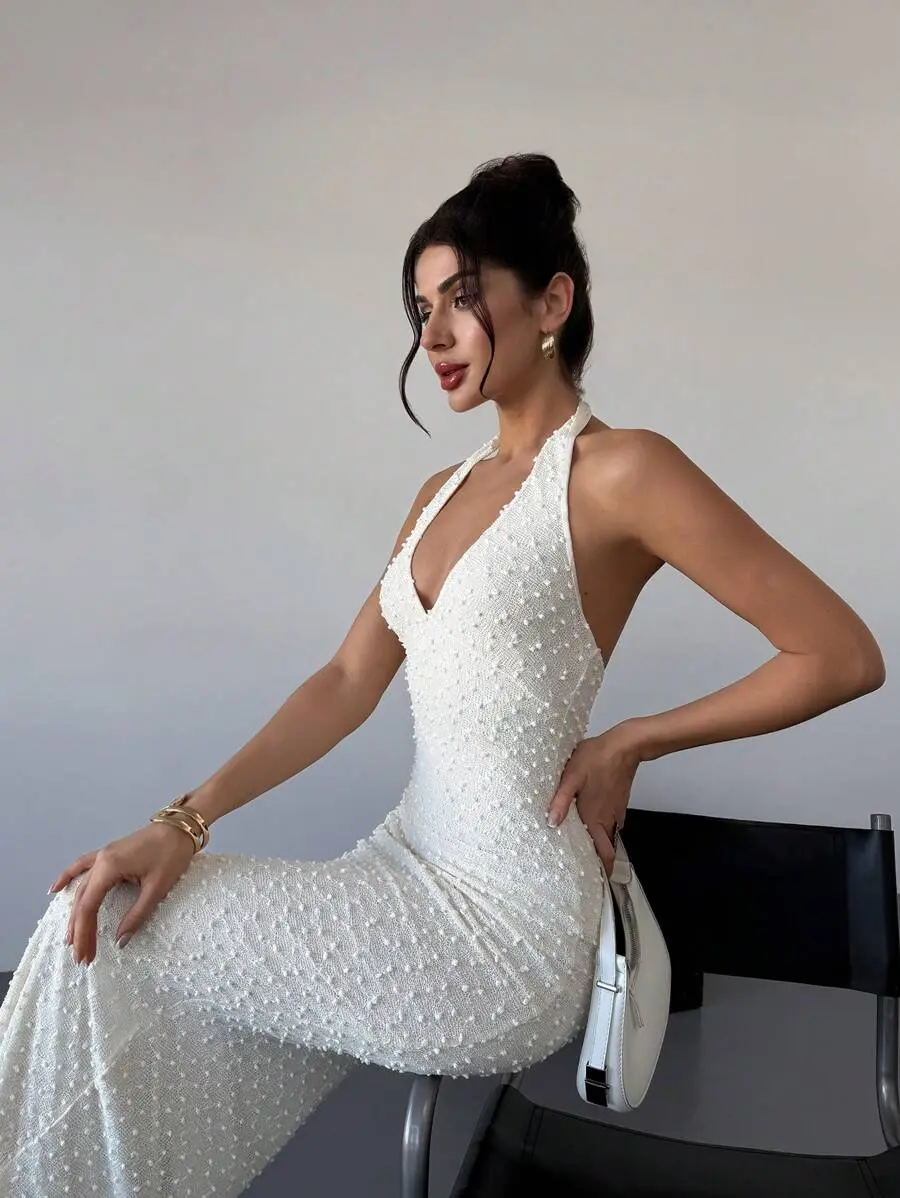 GLAMOUR  Summer Elegant Sexy White Christening Day Party Dress Women's New V-Neck Textured Tight Waist Slim Fit Maxi Dress Date Night Tea Party Graduation