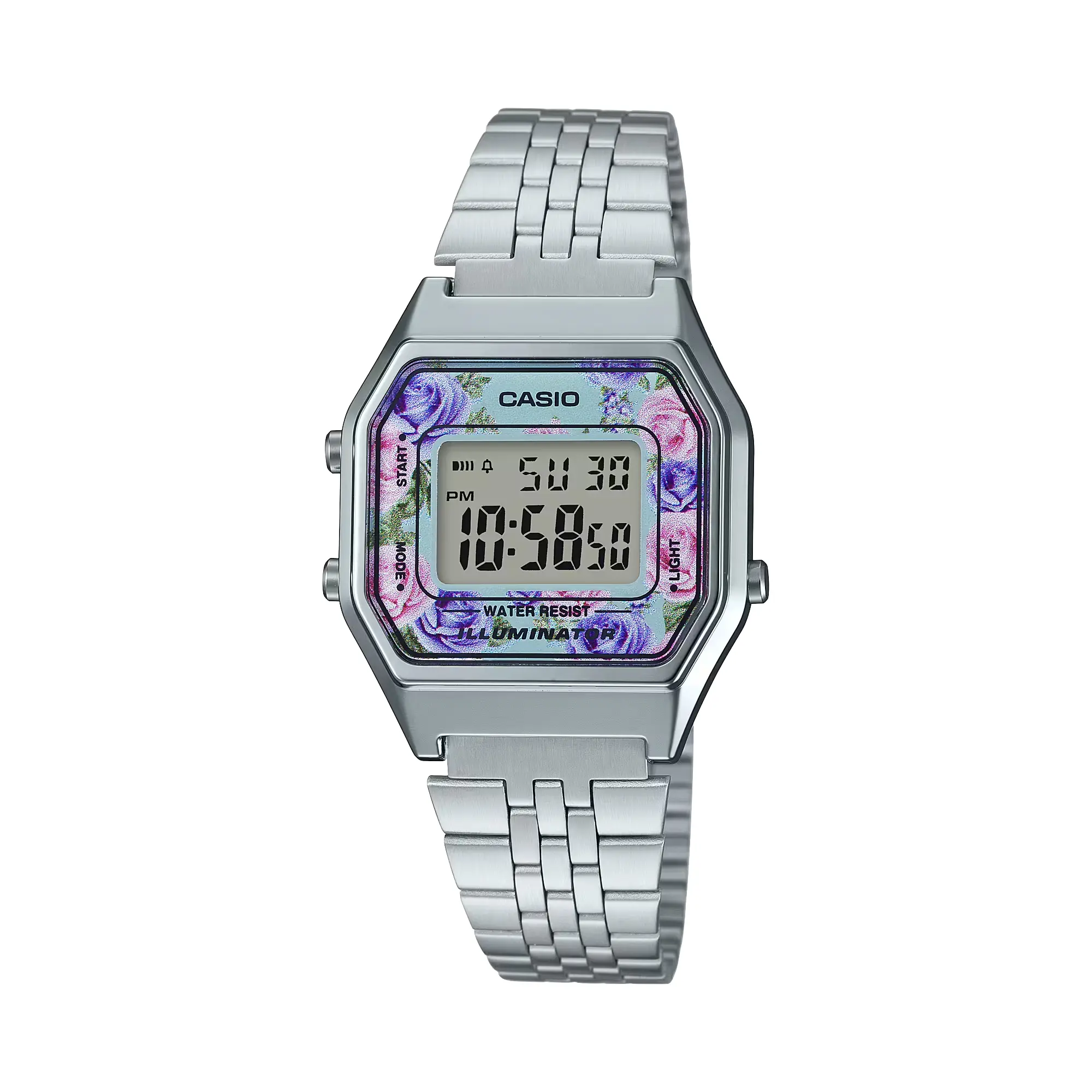 Casio Women’s Digital Watch with Floral Dial and Stainless Steel Bracelet - LA-680WA-2CDF