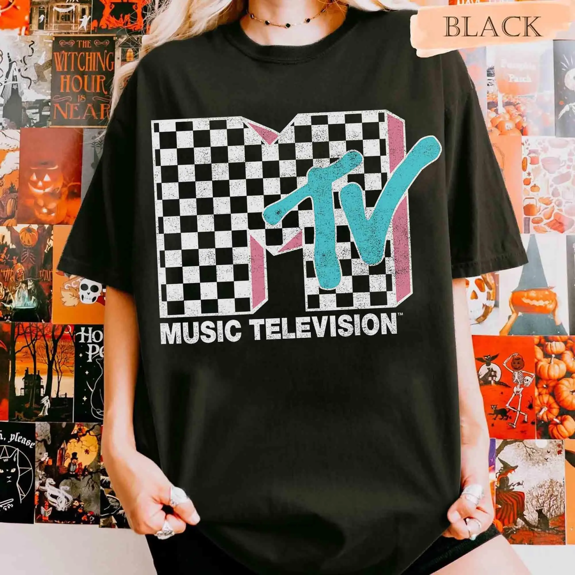 Retro MTV Neon Checkered Graphic Shirt, Vintage 80s 90s Music Inspired Tee, Unisex Streetwear tee