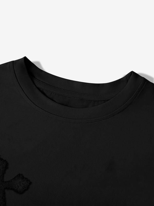 Men's Cross Stitch Embroidered Solid Color Round Neck T-Shirt, Casual Fit Streetwear, Casual Fitted Long Sleeve Top for All Seasons, Sporty College Style