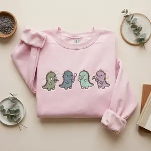 [MADE IN US] Cute Dinosaur Brushing Teeth Embroidered Sweatshirt, Dental Hygiene Dino Crewneck, Dentist Gift, Kawaii Dinosaur Shirt