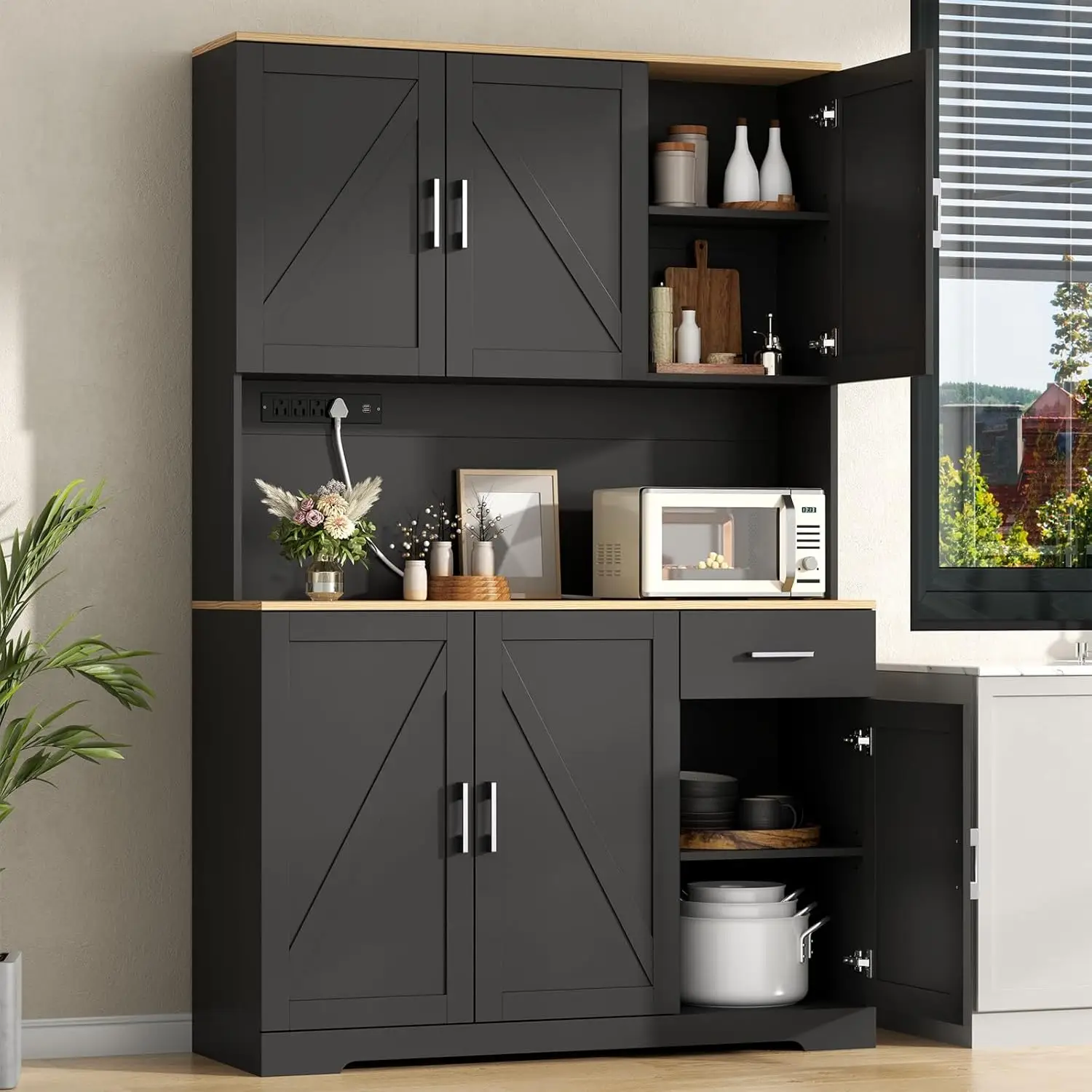 Farmhouse Kitchen Pantry Cabinet 71" Tall with 4 Adjustable Shelves, 6 Doors, Power Outlet, Freestanding Design for Kitchen Storage Cupboard