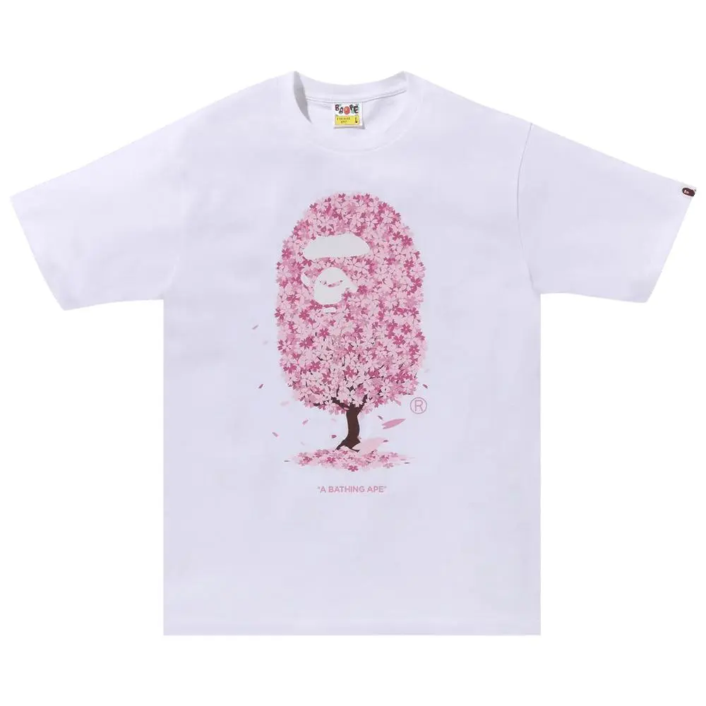 A Bathing Ape Japanese Streetwear Graphic Tee -  Sakura Blossom Ape Head Cotton T-Shirt in Black & White Casual Fashion