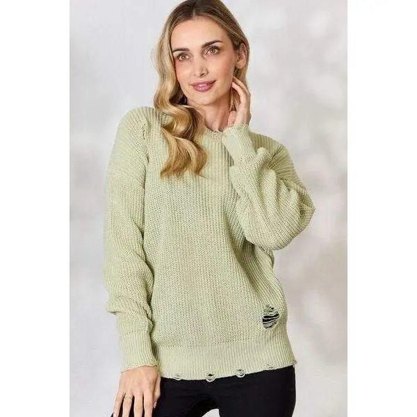 BiBi Distressed Round Neck Long Sleeve Sweater
