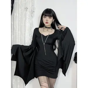 Women's Halloween Batwing Sleeve Dress, Gothic Style Long Sleeve Party Costumes Dress, Casual Fall & Winter for Women
