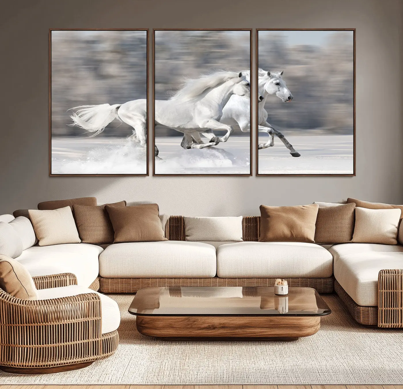 Artistic White Horses Framed Print - Pine Wood Frame, Hand-Stretched, Decorative Home Supplies for Room Home Decor