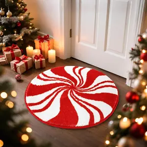 Christmas Gift Round Vibrant Cute Candy Cane Spiral Stripe Design Large Area Rug for Living Room Bedroom, Washable Plush Carpet Decorative Rug Mat