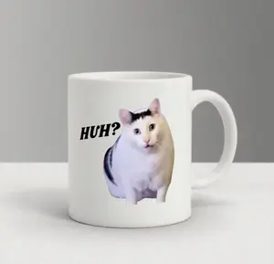 Funny Cat Mug, White Cat Graphic Coffee Cup with HUH Text, Cute Pet Lover Gift for Cat Lovers 11 oz