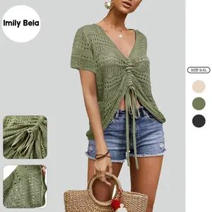Imily Bela Women's Polyester Crochet Cover Up, Short-Sleeve Oversized Drawstring Lace-Up Beach Poncho Shirt, Sexy Swimwear Cover Up