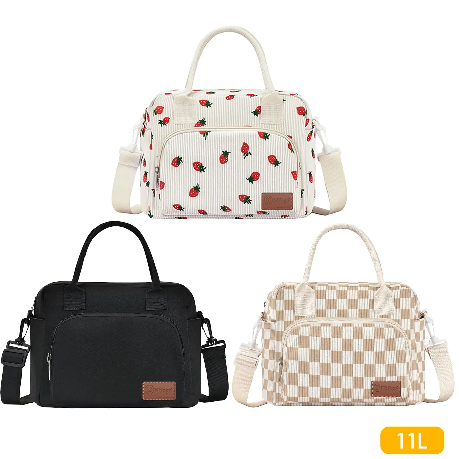 Strawberry Plaid Pattern Insulated Lunch Bag Reusable Leakproof Cooler Tote Adjustable Shoulder Strap Organizer For Women Men Office Work Picnic Hiking Beach Travel Black