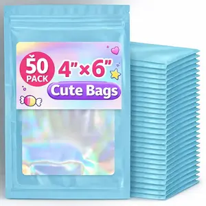 4x6in Mylar Holographic Bag for Gift Jewelry Snack Candy Treat Small Business Packaging Bags Resealable Clear Window Goody Baggies