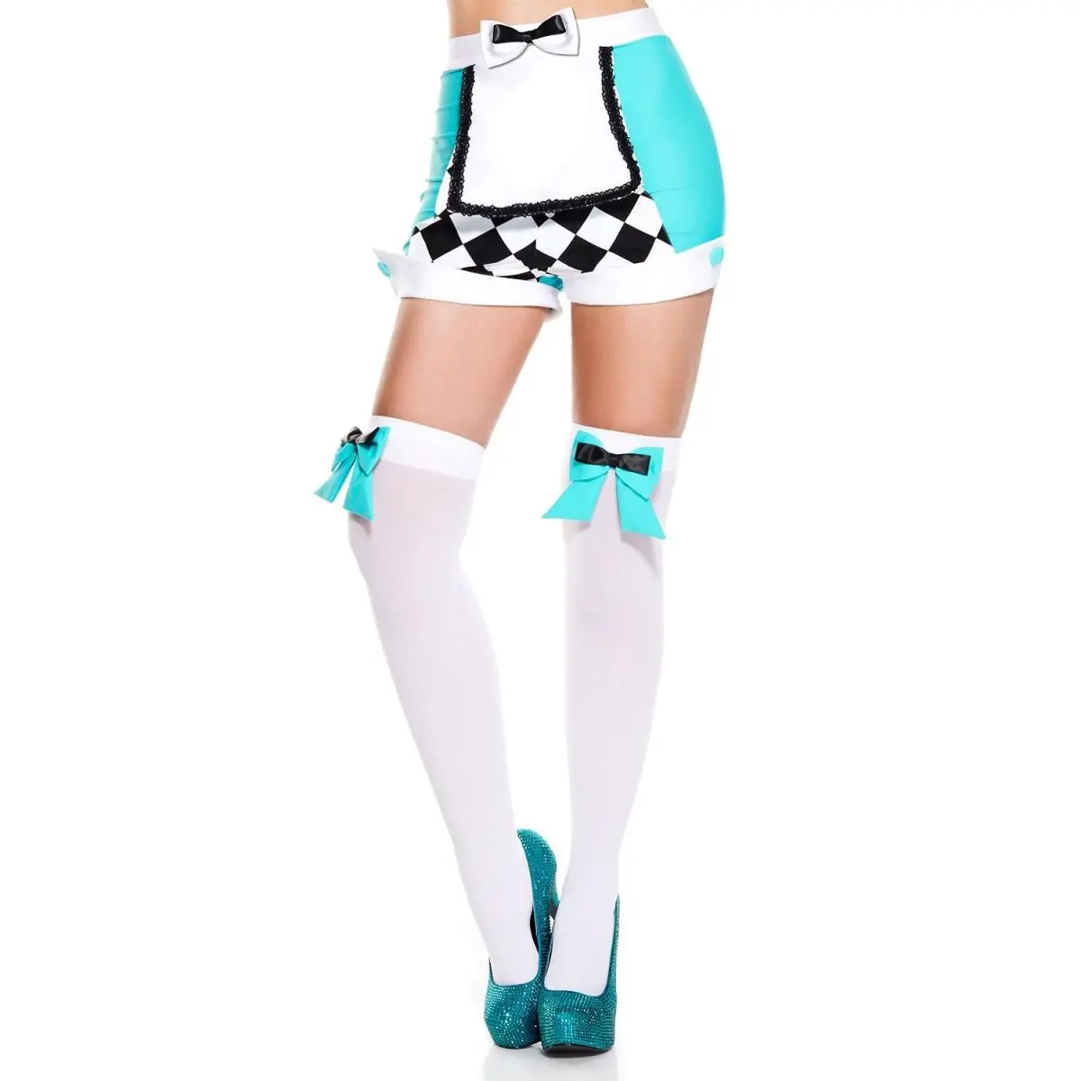 212 MAIN Women's Lady-Fit Double Bow Thighhighsocks - White & Turquoise, for Innovative Fashions, Costume Wear