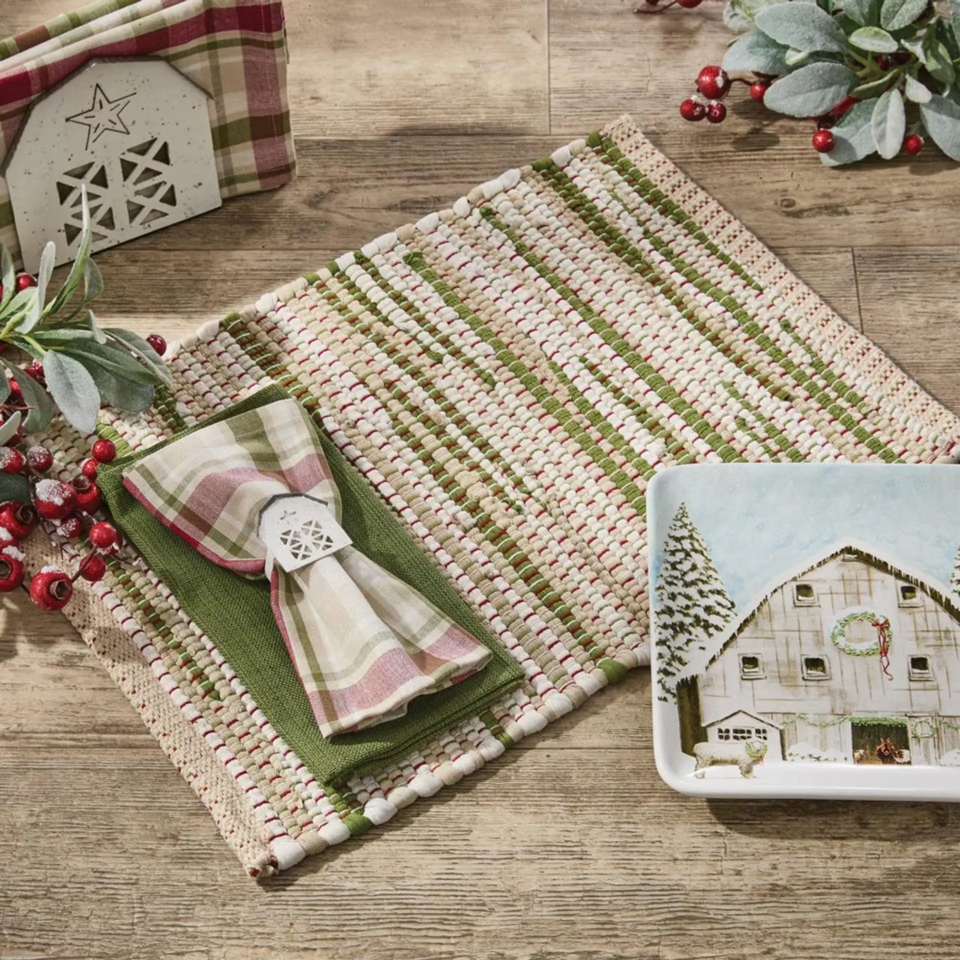Christmas Barn Chindi Fabric Placemats, Plaid Rectangle Tableware for Kitchen Decor, 13X19 In, Holiday Theme