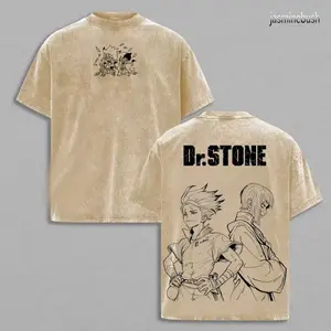 Dr. Stone Senku & Science Duo Tee, Anime Science Graphic T-Shirt, Vintage Washed Oversized Double Printed, Heavyweight Cotton Unisex WY2