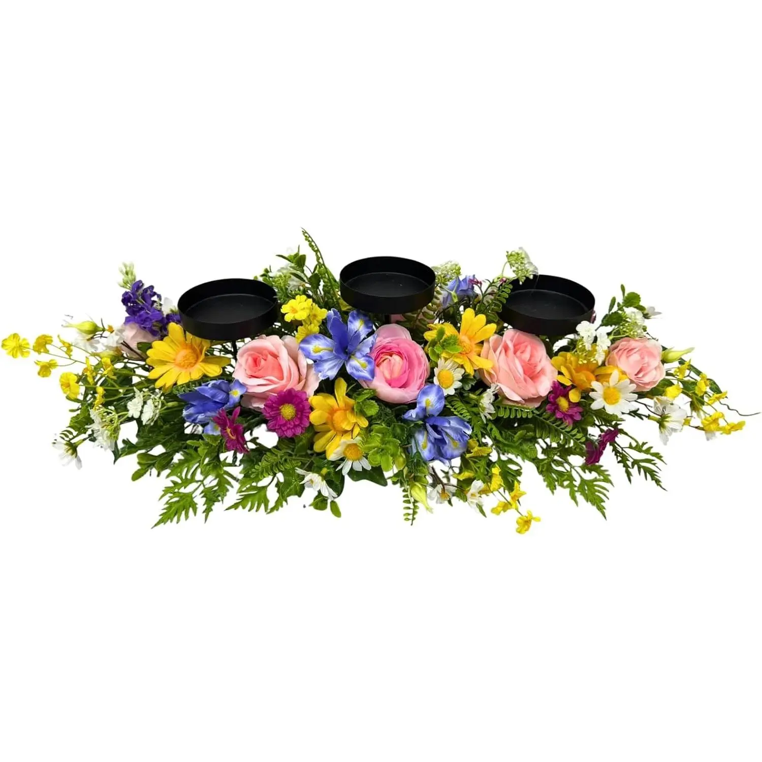 Spring Summer Centerpiece with 3 Candle Holders, 24 Inch Colorful Artificial Wildflower Arrangement with Roses, Daisies, and Irises, Ideal for Farmhouse and Country Style Table Decorations