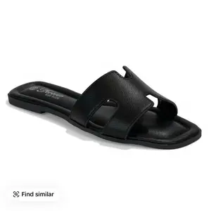 Women's Faux Leather Flat Slide Sandals, Comfort Insole, Square Open Toe, Plain Pattern Synthetic Material Footwear for Everyday Summer Wear