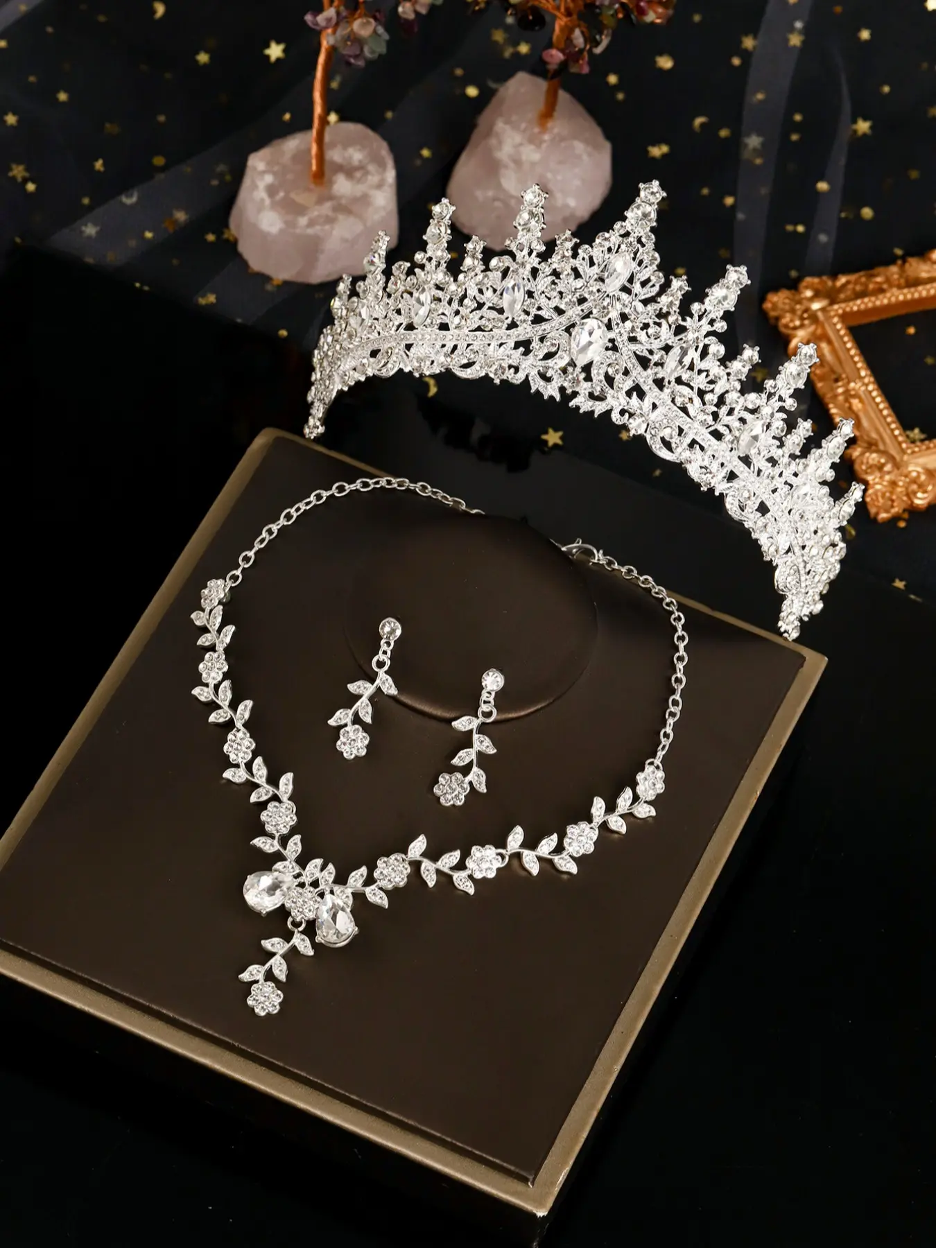 Bridal Jewelry Set with Rhinestones, Alloy Construction, Includes Wedding Crown, Necklace, Earrings, Four-Piece Set for Weddings and Events, Elegant Jewelry Set