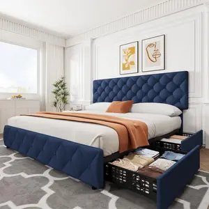 Gaomon King Blue Linen Upholstered Platform Bed Frame with 4 Storage Drawers, Headboard, Diamond Stitched Button Tufting, Wooden Slats Support, No Box Spring Needed, Linen Upholstery