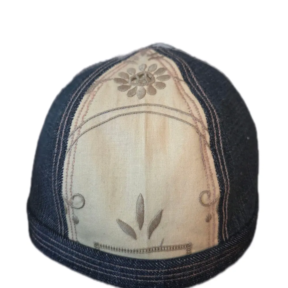 #104 Bella Moto Silver Series Streetlid #skullcap #beanie Size 7.25 22 1/8" Limited Edition Denim and Vintage Embroidered linen ,pink and silver twisted stitching.
