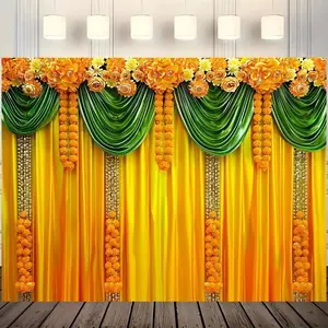 Indian Wedding Party Backdrop, Wedding Arched Backdrop, 1 Count Traditional Indian Calendula & Chrysanthemum Polyester Background Banner, Wall Decoration for Home Party Wedding, Ornaments