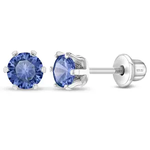 6 Prong Solitaire Kids / Children's / Girls Earrings Screw Back - Sterling Silver