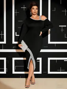 Plus Size Asymmetrical Shoulder Sequin Bodycon Dress, Sexy Slit Slimming Formal Evening Party Gown, Elegant Prom Ballgown Fit