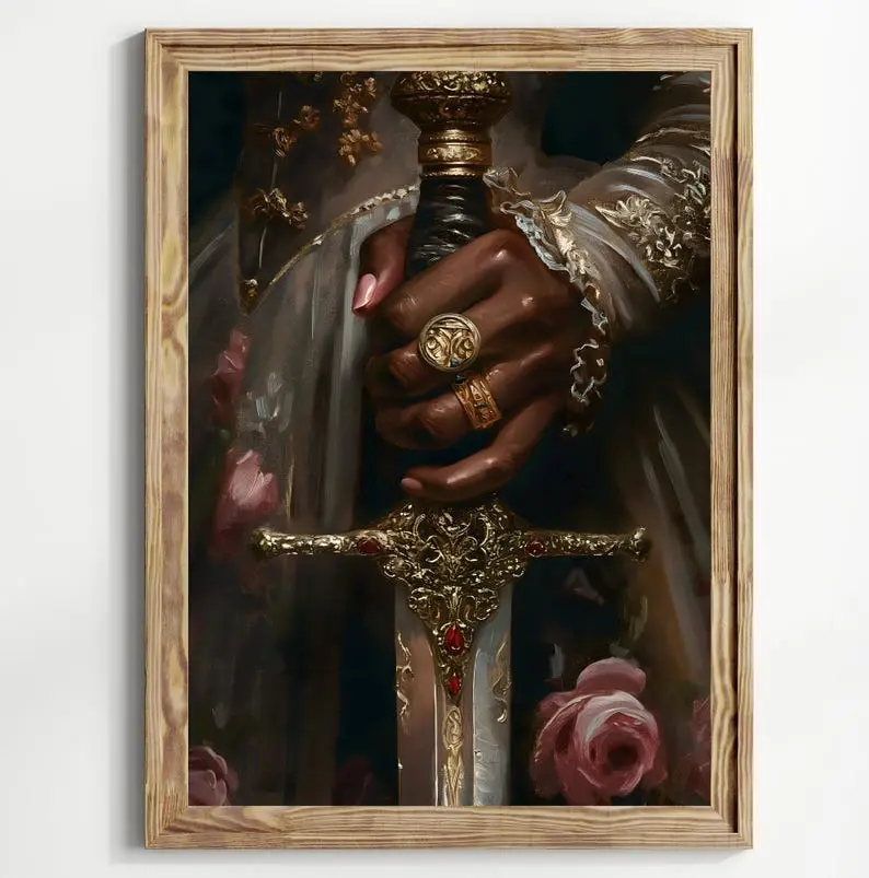 Victorian Art Black Lady with Sword Print moody Painting, Dagger Print, victorian decor wall art Wooden Wall Art Modern Home Decoration