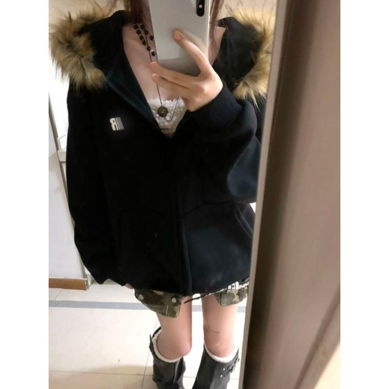 Harajuku Casual Fur Patchwork Hooded Hoodies 2025 Women Y2k Aesthetic Loose Pocket Streetwear Coats Grunge Zipper Sweatshirts