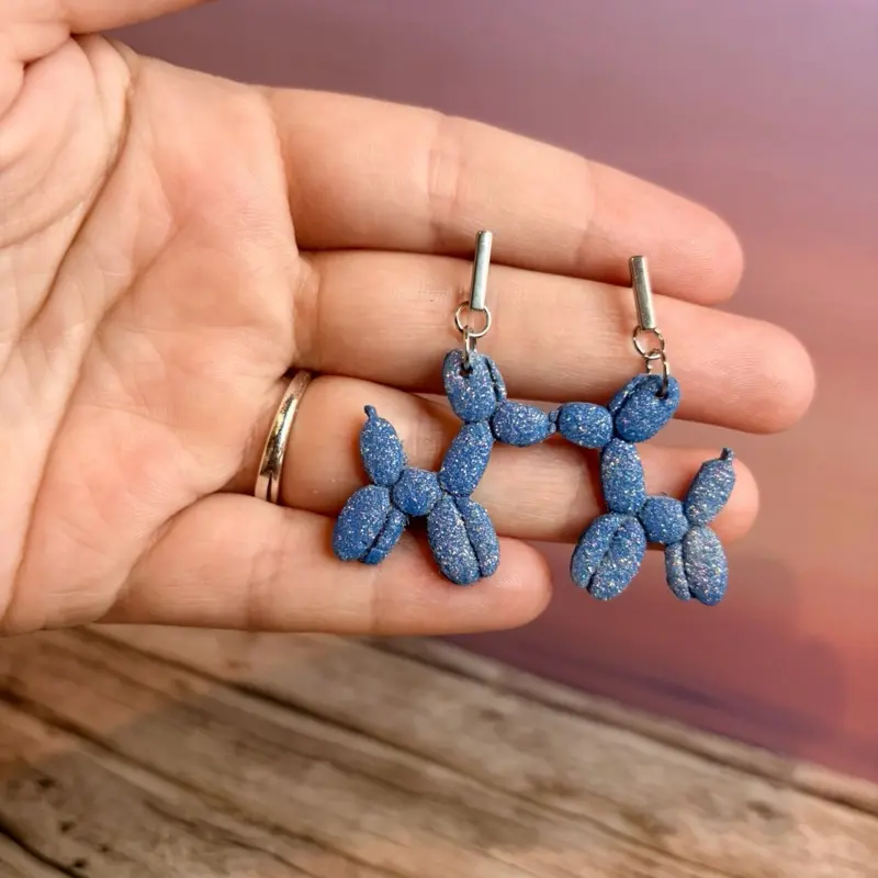 Balloon Dog Clay Earrings - Handcrafted Blue Glitter Design for Unique Fashion Accessories