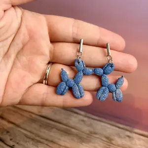 Balloon Dog Clay Earrings - Handcrafted Blue Glitter Design for Unique Fashion Accessories
