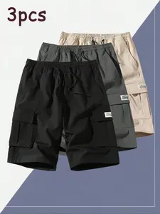 Men's Solid Color Embroidering Flap Pocket Cargo Shorts, Regular Fit Casual Breathable Outdoor Shorts, Summer Bottoms for Men, Tropical