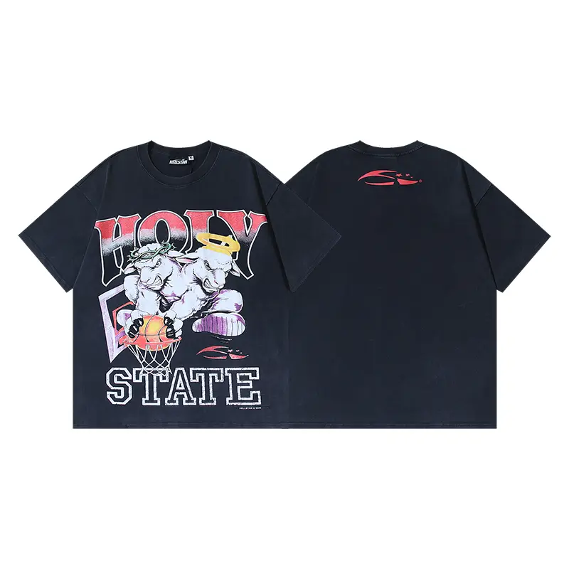 Hellstar Holy State Basketball Graphic T-Shirt, Angel Goat Dunk Artwork with Red Logo Back Detail, Heavy Cotton Washed Black Oversized Tee for Men Women, Vintage Sports Streetwear Fashion Accessories
