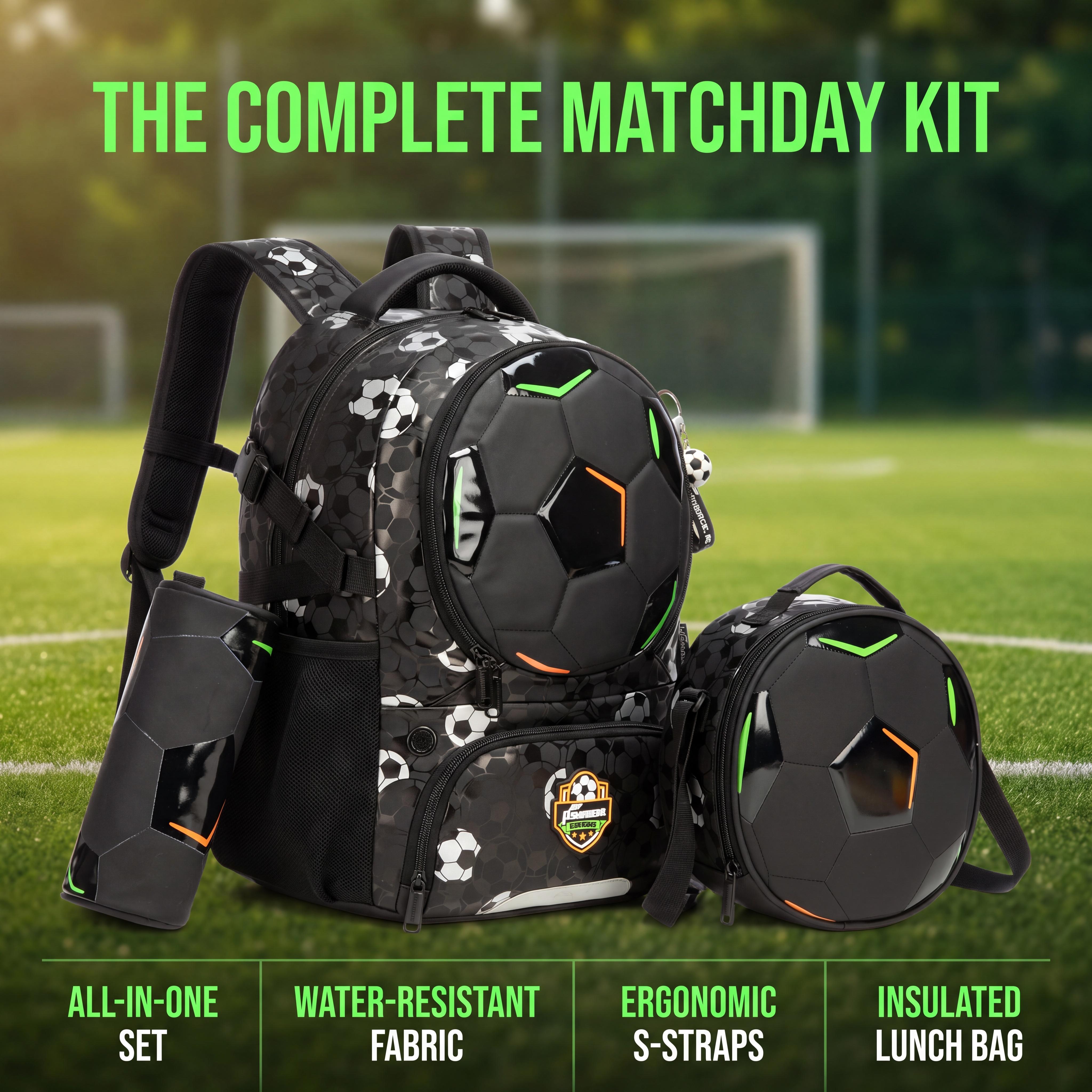 Male Minimalist 3-Piece Polyester Multi-Use Sports Backpack Set with 3D Embossed Soccer Design, Insulated Lunch Bag & Pencil Case for Elementary School Students