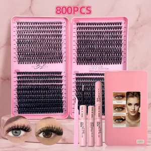 800Pcs Natural Makeup False Eyelash Cluster Set with Tweezers, Glue & 2-in-1 Spiral Brush | DIY Lash Extension Kit | Volume Thick Cluster Lashes for Natural Look