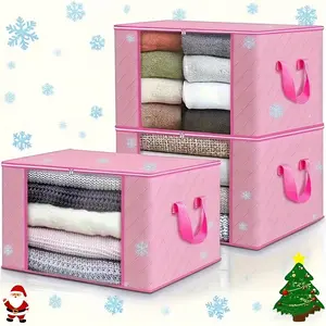 Pink Storage Bins for Kids Room, 3-Pack Foldable Organizer Box with Clear Window & Lid, Girl Toy Storage for Clothes, Stuffed Animals, Blankets, Under Bed Storage Boxes，Christmas Storage Boxes with Lids
