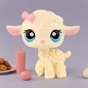 Rare Old Original Cream Pink Bow Lamb #186 Action Figure Toy Stand, Doll Making Collectible Pet Shop Animal, Kids' Christmas Birthday Gift, Tiny Room Decor