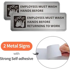 F-SG19  Employees Must Wash Hands Sign, (2 Pack) Self-adhesive Metal Signage for Office Bathroom, 9 x 3 Inch Waterproof Aluminum Signs for Indoor Outdoor Use (Brushed Aluminum) Decor