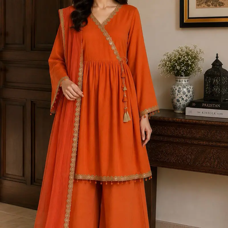 Women's 3-Piece Traditional Angrakha, Dupatta & Plazo Outfit