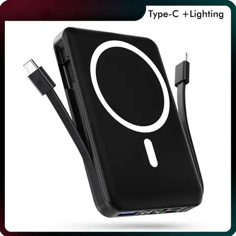 Podoru 10000mAh High Capacity Slim Magnetic Power Bank - Silicone Wireless Rechargeable Battery Pack with LED Display, 20W USB-C PD Rapid Charge, Dual Cables for iPhone 12-17 Series, Multi-Device Airplane Travel Accessory
