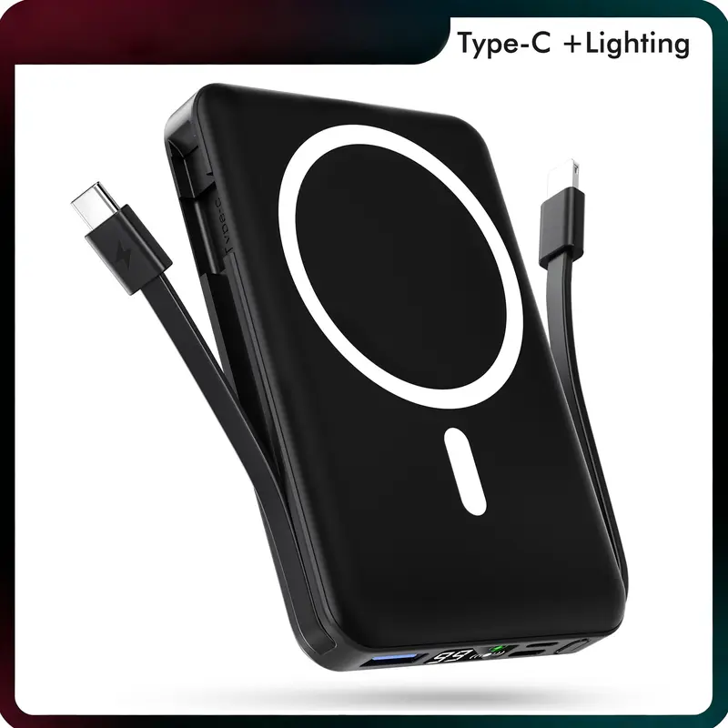 Podoru 10000mAh High Capacity Slim Magnetic Power Bank - Silicone Wireless Rechargeable Battery Pack with LED Display, 20W USB-C PD Rapid Charge, Dual Cables for iPhone 12-17 Series, Multi-Device Airplane Travel Accessory