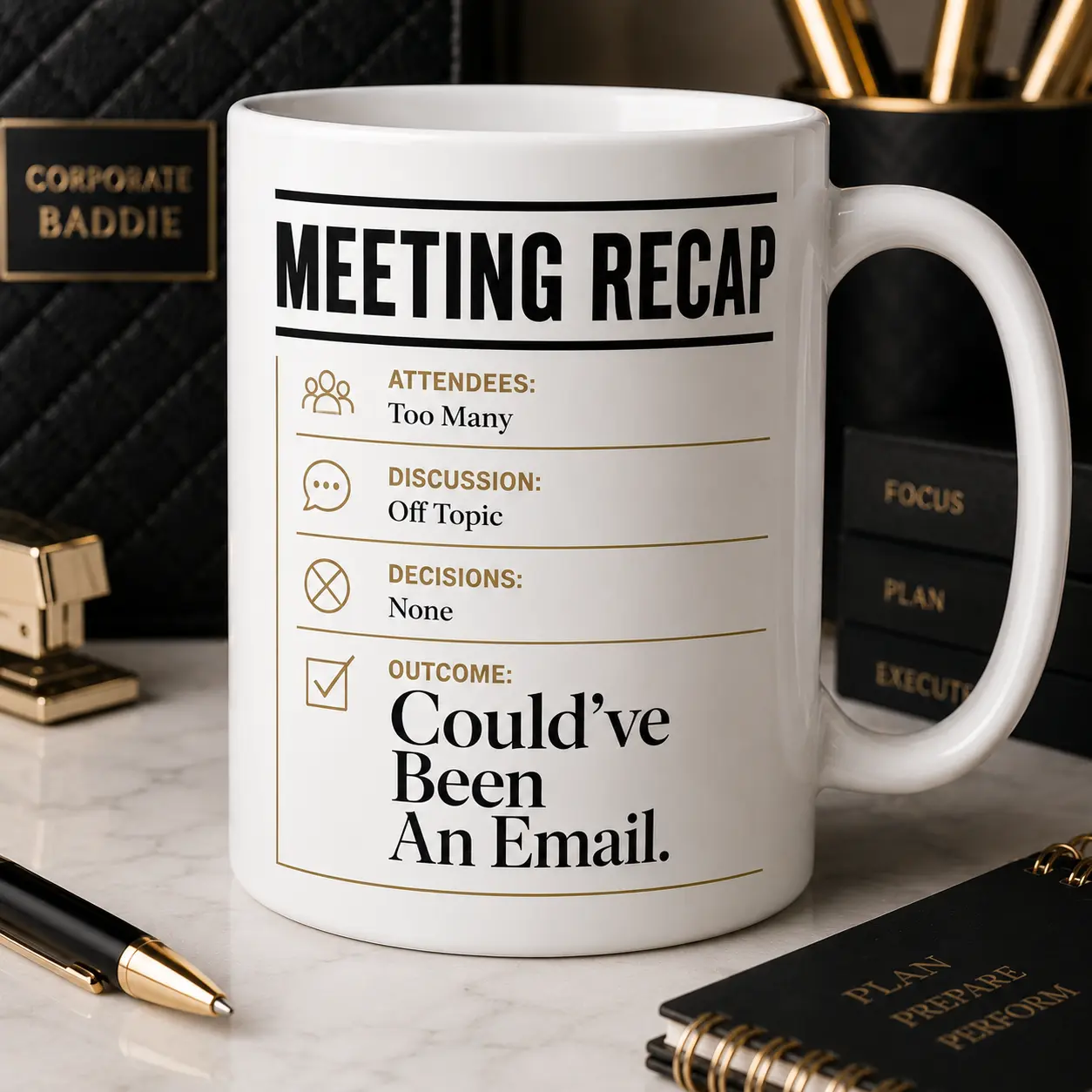 Strictly Brina Corporate Baddies Collection 11oz Cylindrical Classic Ceramic Handle Mug, Office Humor Coffee Cup for Meeting Recap Email Jokes