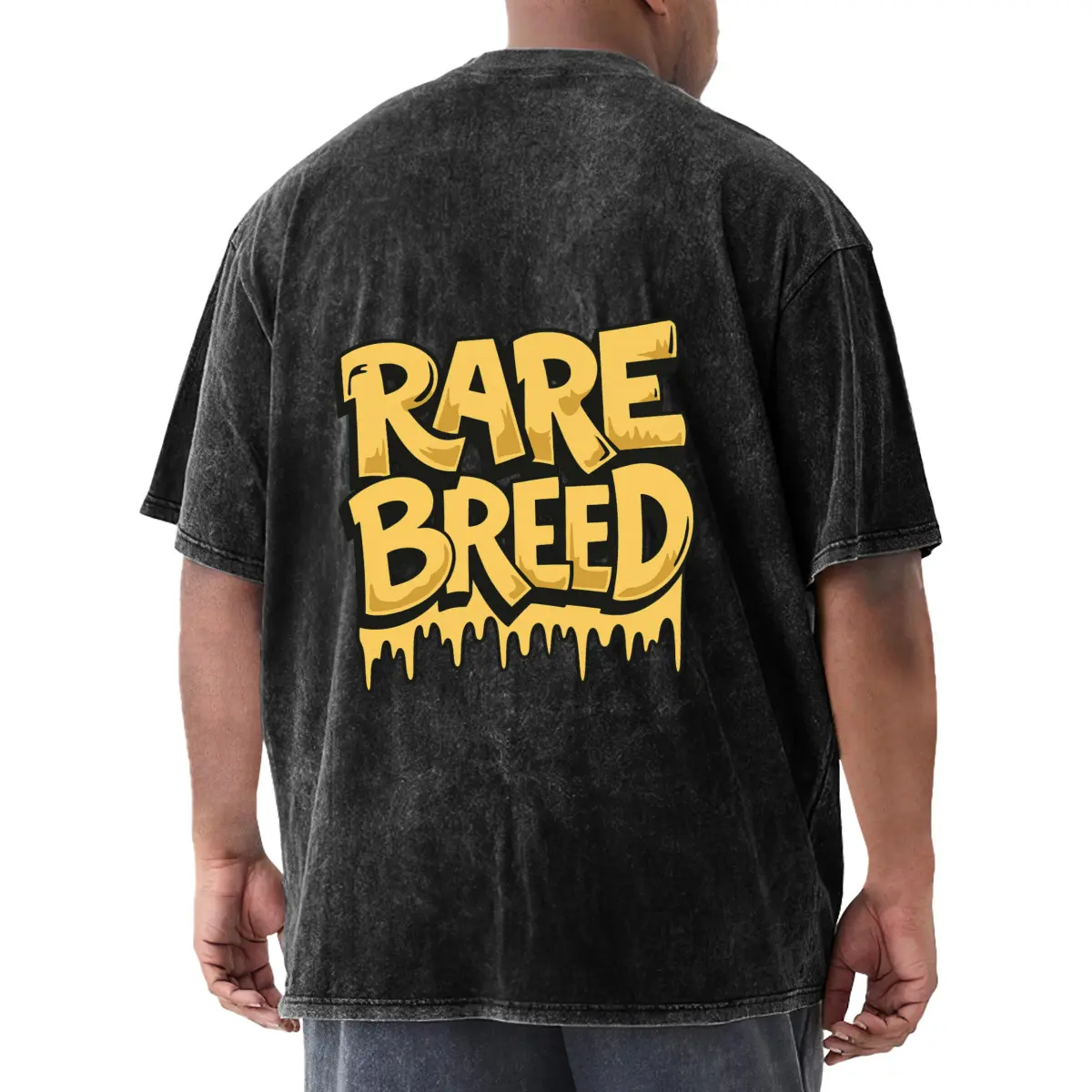 1pcs Eye - catching graphic of  RARE BREED  in bold yellow letters with a dripping effect. Men's 250g washed pure cotton T-shirt, front and back printed patterns - loose, fashionable, extra-large style, retro worn-out style, suitable for casual wear