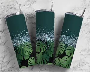 Glitter Split Forest Green Monstera Leaf Stainless Steel Tumbler