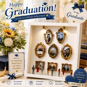 DIY Personalized Light-Up Wood Photo Shadow Box Kit - Baroque Gold Frame, Spotlights, Mini Figures - Custom Memory Keepsake for Graduation, Mothers Day Gift (Preserves Memories)