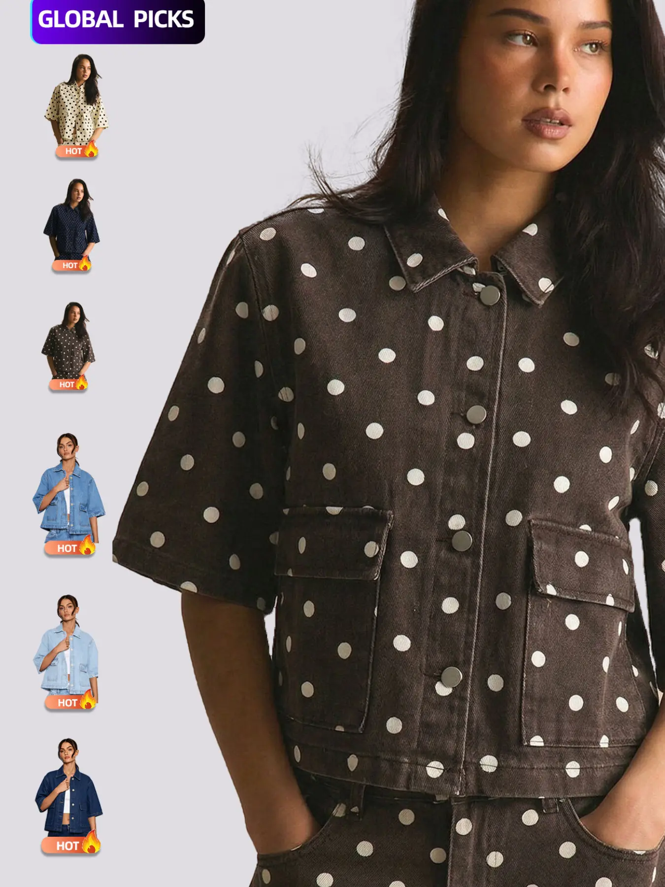 Women's Polka Dot Denim Shirt, Casual Loose Fit Short Sleeve Top Button up top, Casual Street Style, All-Seasons Outerwear