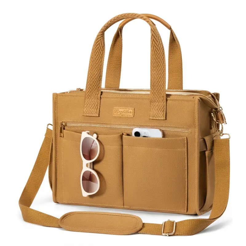 (Auction)Bagstellar Canvas Tote Bag for Women, 14inch Work Travel Tote Bags With 9 Pocket & Zipper College Bible Laptop Bag Crossbody Handbag